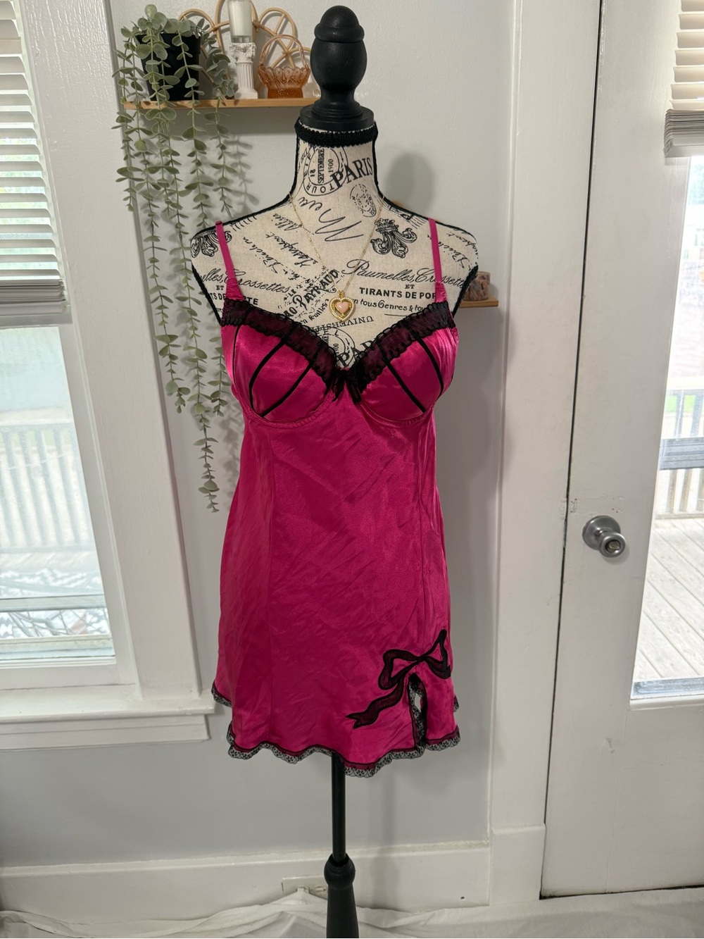 Ambrielle y2k satin bow slip dress with black lace trim